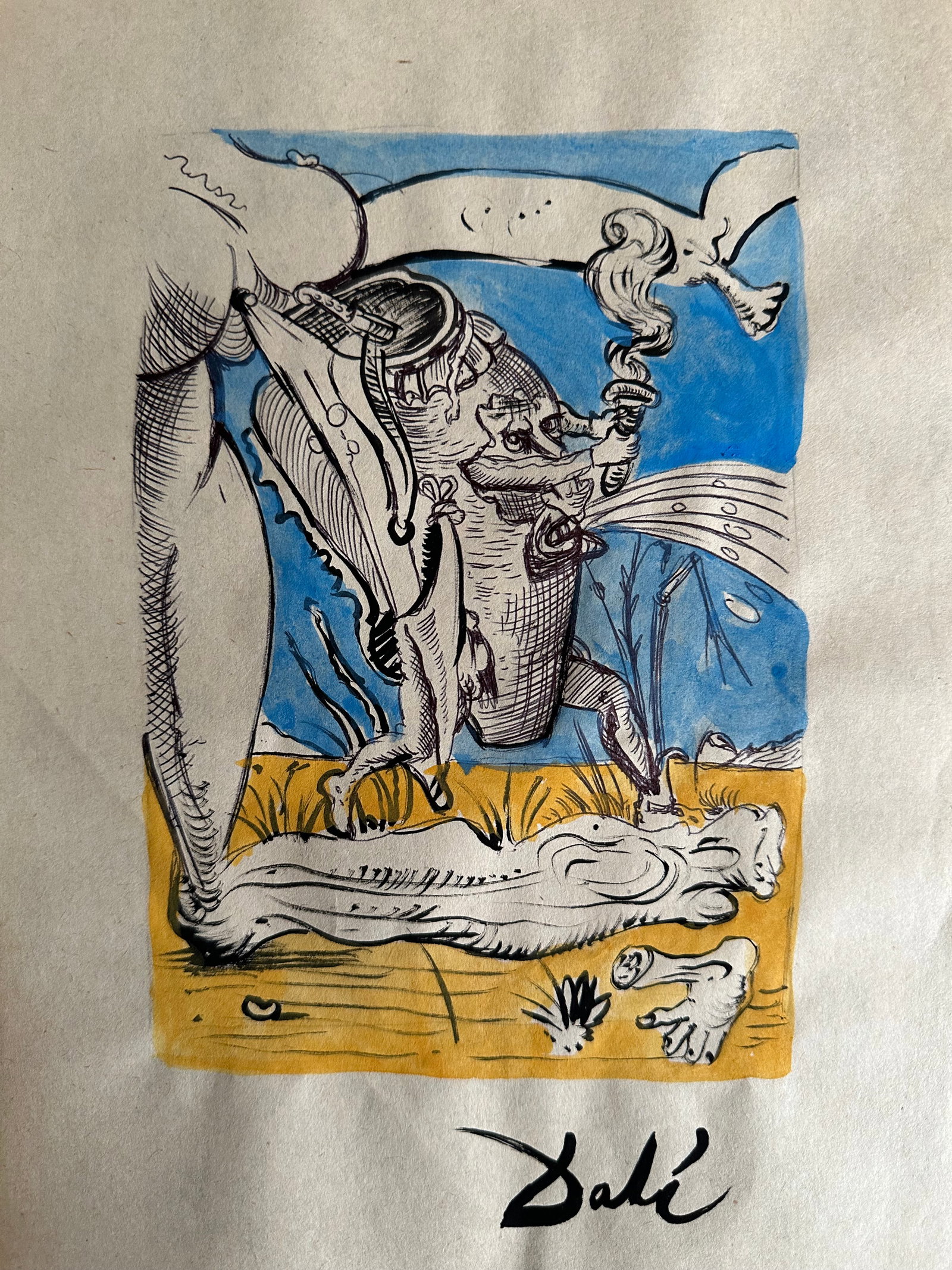 Mixed Media Salvador Dali on Paper: Mixed Media Salvador Dali on Paper.Stamp on verso. Size Unframed. Size Approx.: 13 x 8 1/2 inches. The drawing is being sold after and in the style or manner of the artist. The piece has no formal doc