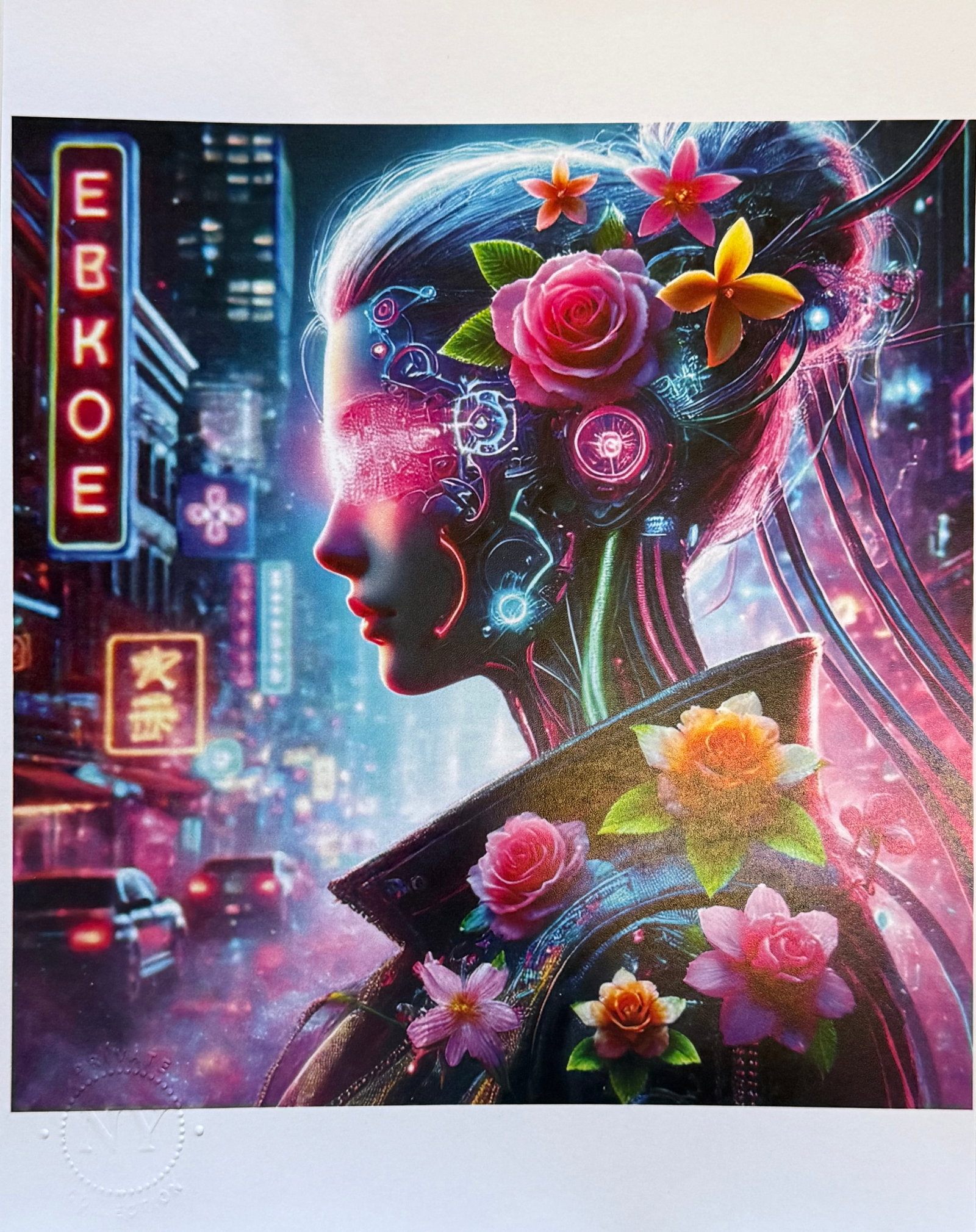 Cyberpunk Pop Art Print: Cyberpunk Pop Art Print, Embossed Seal Stamp, Private Seal Stamp, NY Collection. Size:8 x 10 inches. Here is a stunning cyberpunk avatar incorporating vibrant neon elements and delicate flowers, set