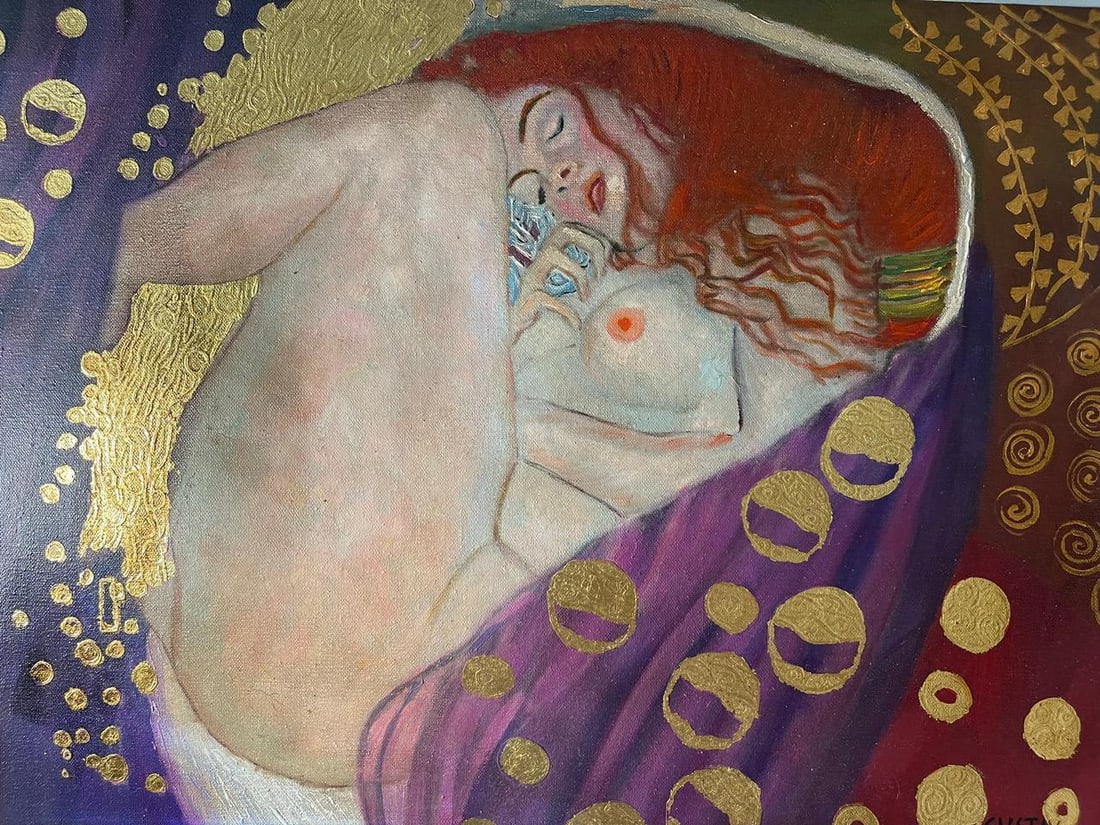GUSTAV KLIMT OIL PAINTING ON CANVAS (Style of): GUSTAV KLIMT OIL PAINTING ON CANVAS (Style of). MEASUREMENTS: 40 x 60 CMThis lot does not carry any established documented provenance nor any past record of auction history; sold without any document.