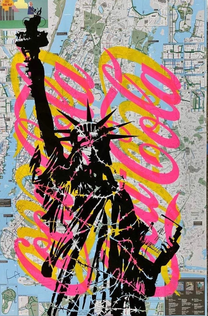 Original Hand Silk Screen and Spray Paint on New York City Bicycle Maps: Original Hand Silk Screen and Spray Paint on New York City Bicycle Maps. Dimensions are 24” by 36”