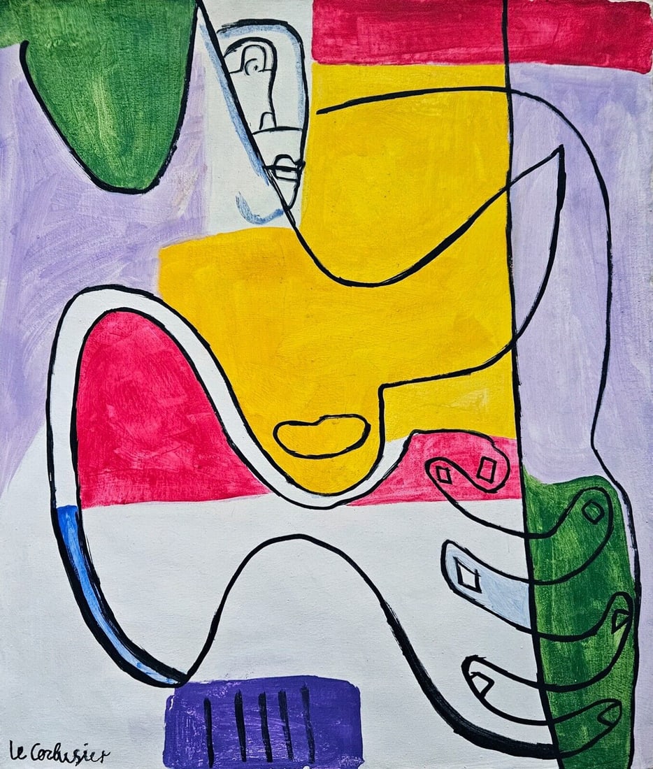 Abstract Acrylic Canvas, signed Le Corbusier: Abstract Acrylic Canvas, vintage abstract painting on canvas, signed Le Corbusier, approximately 48.5 by 40.5 centimeters. The work was executed by an unknown hand but designed deliberately to