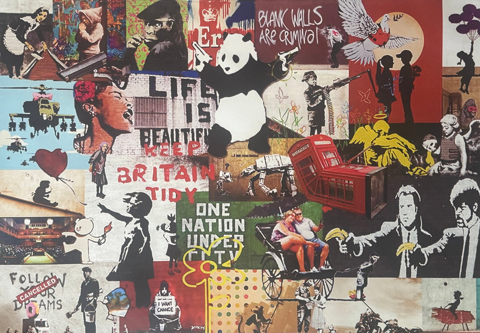 Large Graffiti Street Art Collage: Large Graffiti Street Art Collage Canvas Print. Size: 36 x 24. Loose Canvas Roll, not framed, not stretched. Approximately one and a half inches border on all sides. Private Collection. The item will 