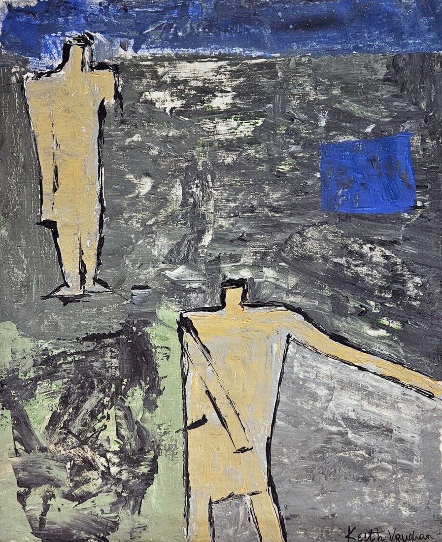 Abstract Acrylic Canvas, signed Keith Vaughan: Abstract Acrylic Canvas, vintage abstract painting on canvas, signed Keith Vaughan, approximately 40 by 49.5 centimeters. The work was executed by an unknown hand but designed deliberately to emulate