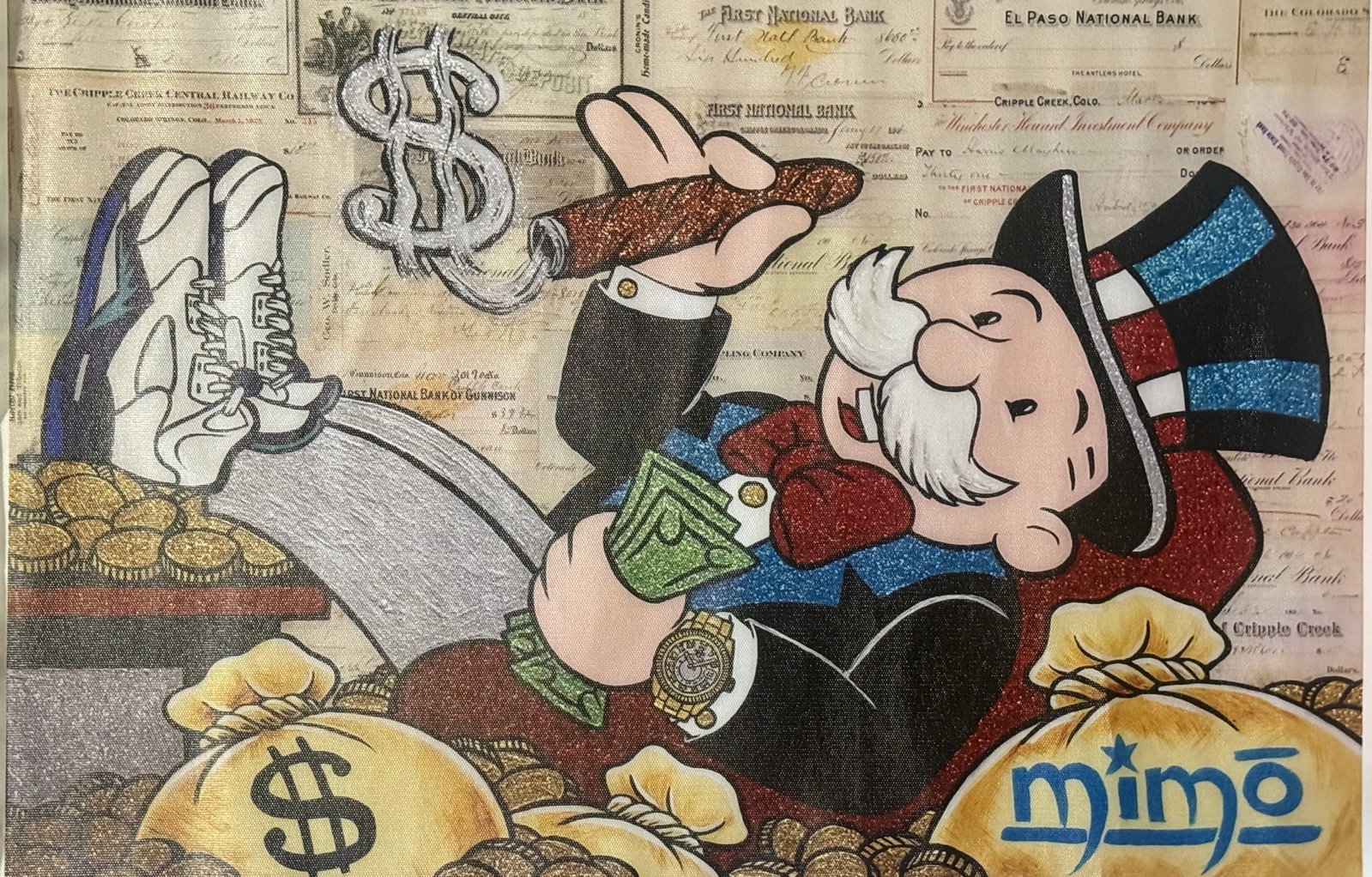 Alec Monopoly Canvas Print: Graffiti Street Art Collage Canvas Print. Size: 24x18. Loose Canvas Roll, not framed, not stretched. Private Collection. The item will be professionally shipped in a tube.