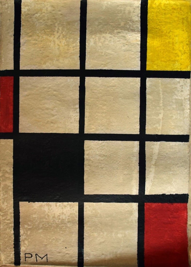Abstract Acrylic Canvas -Signed PM (Mondrian): Abstract Acrylic Canvas -Signed PM (Mondrian) SIZE: approximately 51 by 40.5 centimeters. N?¾ Reserve Price, no supporting papers.