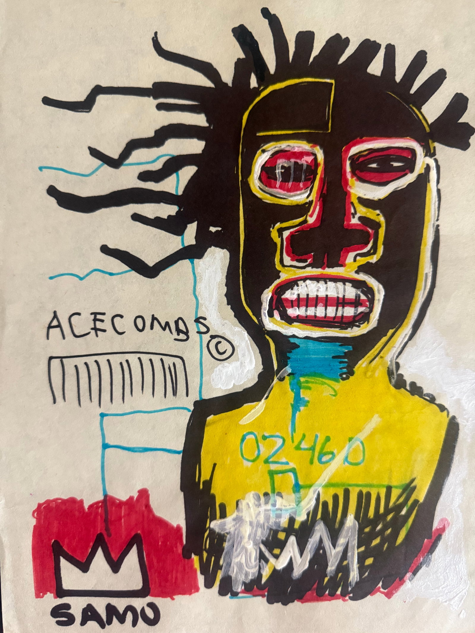 Mixed Media Basquiat on Paper: Mixed Media Basquiat on Paper. Stamp on verso. Size Framed Approx. 15X11 1/2. Paper Size Approx.: 13 x 8 1/2 inches. The drawing is being sold in the style of the artist. The piece has no formal docum