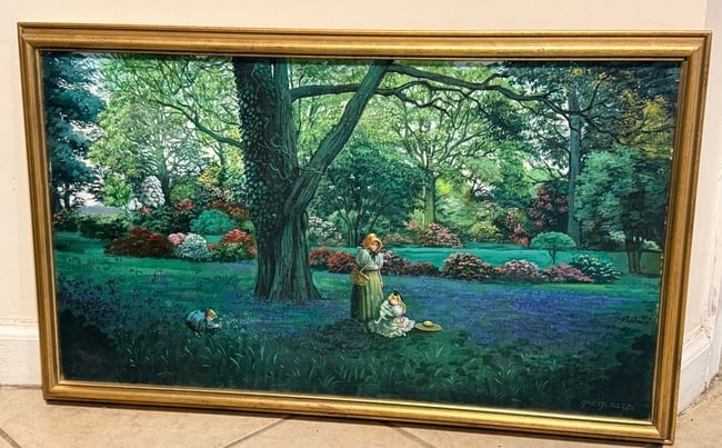 Oil Painting , Late 20th Century: Oil Painting on canvas and wood frame. Late 20th Century This painting is featuring a serene garden scene with a woman and child, evokes a sense of tranquility and pastoral beauty.