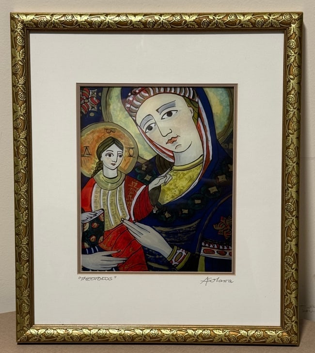 Framed hand-painted icon of Madonna and Child titled "Theotokos" (1 of 3)