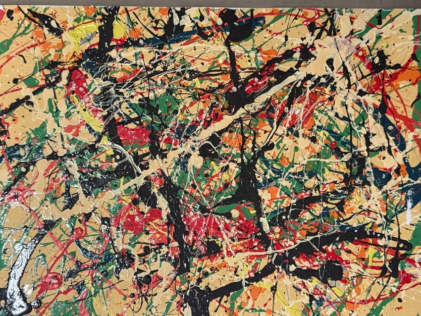 Jackson Pollock Style Abstract Expressionist Painting: Striking abstract expressionist painting executed in the iconic drip and splatter style associated with Jackson Pollock.Striking abstract expressionist painting executed in the iconic drip and splatte