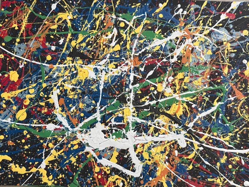 Jackson Pollock Style Abstract Expressionist Painting: Striking abstract expressionist painting executed in the iconic drip and splatter style associated with Jackson Pollock.Striking abstract expressionist painting executed in the iconic drip and splatte