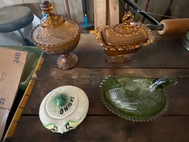 Lot Of Glass Ware: 2 Amber Compotes a Green Chicken on a Nest and a onion canister