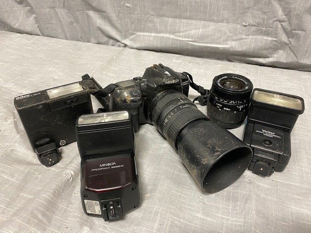 lot 0f cameras and Accessories: lot 0f cameras and Accessories Minolta camera and flashes also nikon and more
