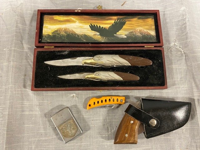 Knife and Lighter Lot: 2 Eagle Handle knives, Pistol grip knife Dodge ram Zippo