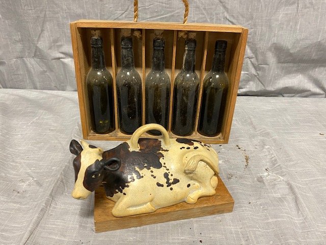 Cow Butter Dish and 5 Brown Bottles: Cow Butter Dish and 5 Brown Bottles vintage corked bottles decor