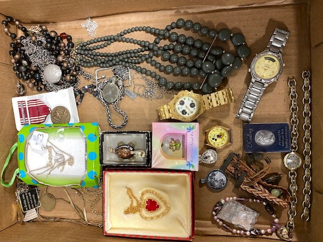 Flat of Costume Jewelry: Flat of a large selection of jewelry including mickey mouse watch 2 mens watches medals and more
