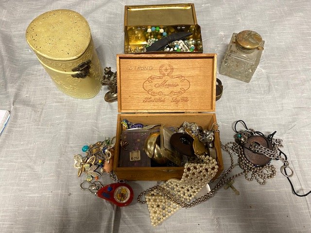 Lot of Vintage Boxes and Costume Jewelry: Lot of Vintage Boxes and Costume Jewelry Copper collered box wooden boxes statues Vintage lock and a glass container.