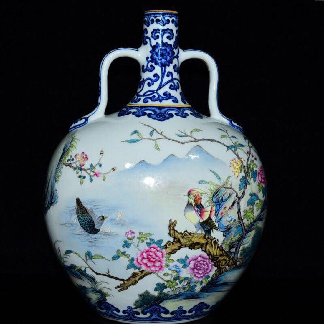 Qing Dynasty White and Blue Flate Porcelain Vase (1 of 8)