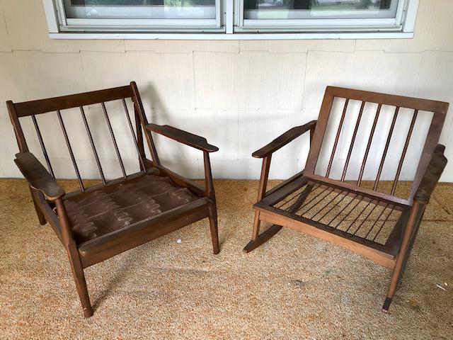 Mid-Century Modern Lounge & Rocker Chair Pair: Mid-Century Modern Lounge & Rocker Chair Pair. Both missing cushions- just the frames. In good condition but sure could use some reconditioning to be perfect, etc. One, the rocker has a "Made in Yugos