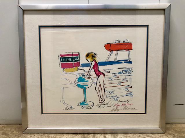 LeRoy Neiman "Olga Korbut" Serigraph: LeRoy Neiman (1921 to 2012) "Olga Korbut" Signed Serigraph 1972 Olympics Series. Signed by the Artist, frame and matting have some obvious condition issues. As-shown, as-is. Approx. 15" by 18" print;