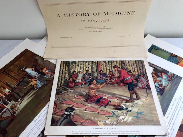 A History in Medicine by Robert Thom Print Set: A History in Medicine by Robert Thom Print Set. Loose prints, one has been matted. Lithographs circa 1957. 13 1/2-inches by 16 1/2-inches each; 11 1/2-inches by 14-inches matted on board print.