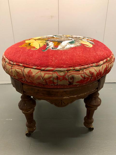 Victorian Eastlake Beaded Footstool: Victorian Eastlake Beaded Footstool, Walnut or similar wood. 16-inch Diameter, 15-inches High