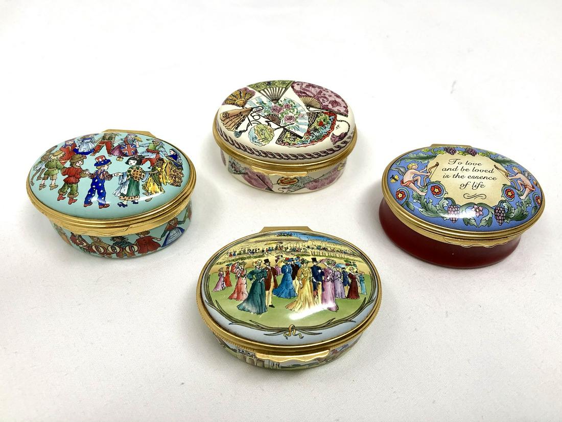 Halcyon Days Enamels English Themed Trinket Boxes Lot: Halcyon Days Enamels English Themed Trinket Boxes Lot of 4, hinged oval boxes. One is numbered, all have unique themes and or messages under the lids. Each approx. 1.5 by 2-inches by 1-inch high. As i