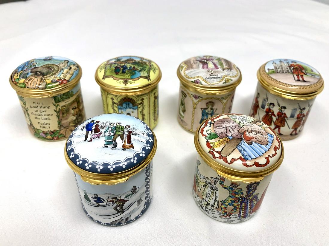 Halcyon Days Enamels English Themed Trinket Boxes Lot: Halcyon Days Enamels English Themed Trinket Boxes Lot of 6, hinged round, lidded boxes. One is an exclusive edition, all have unique themes and decorations, etc. Please note all pictures. Each approx.