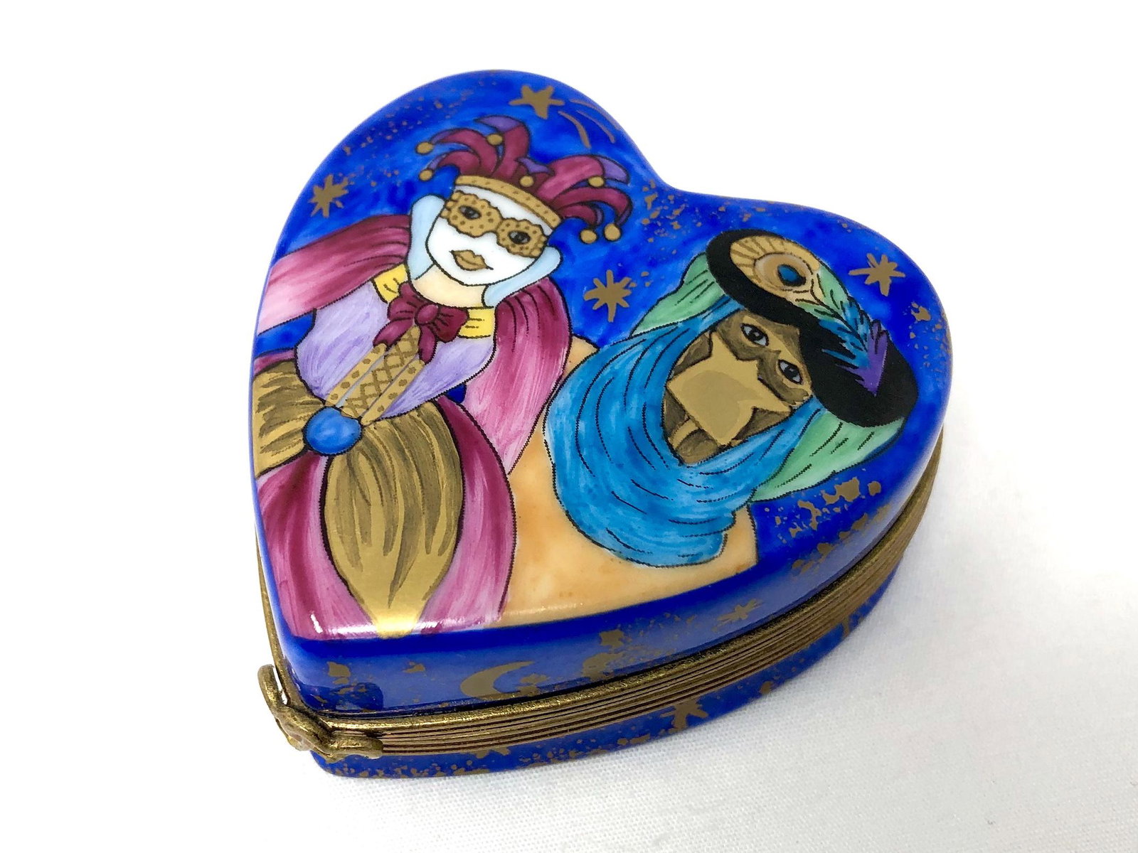 Peint Main Limoges France Masquerade Trinket Box: Peint Main Limoges France Masquerade Trinket Box. Handpainted, numbered and signed. Number 11 of 500! As-is, as-shown. Heart Shaped. Approx. 2 1/4 by 2 1/4 inches by 1-inch High.