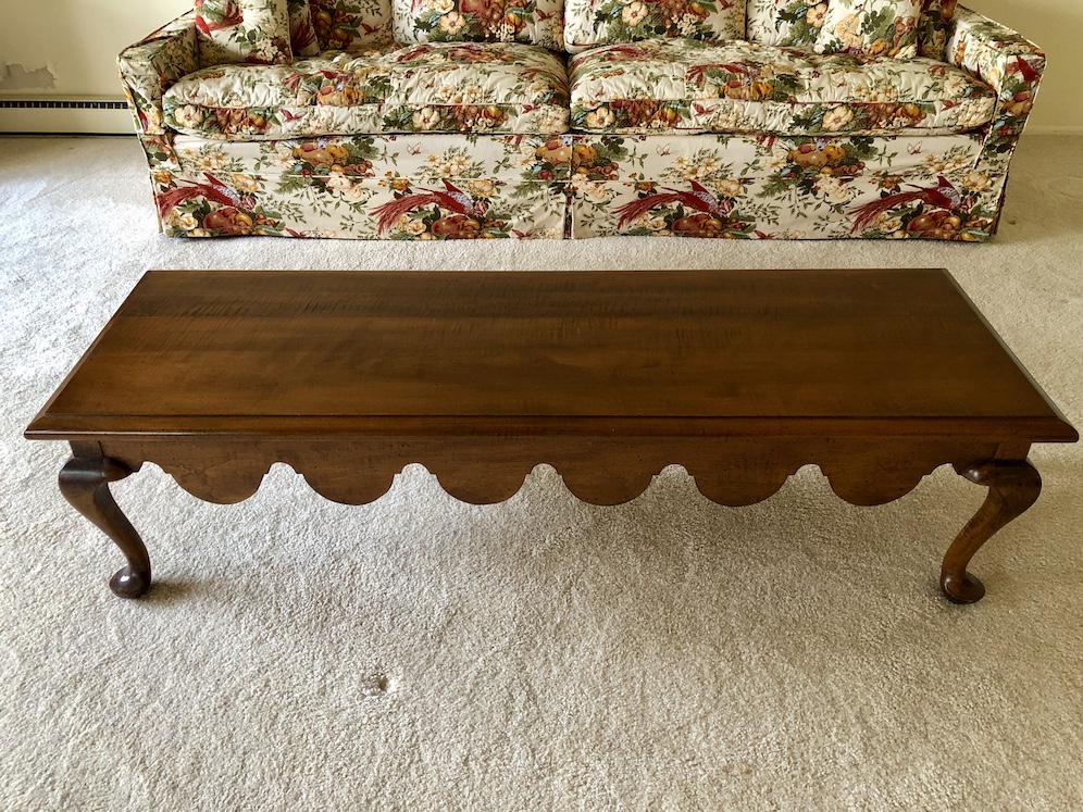 Solid Wood Queen Anne Traditional Coffee Console Table: Solid Wood Queen Anne Style Traditional Coffee Console Table. Circa 1960s. Approx. 5-feet by 20-inches in dimension. 16-inches in height. As-Is, As-Shown from an estate. In vintage, as-found estate co