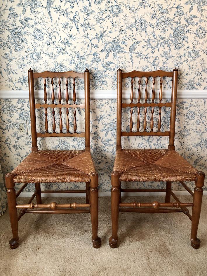Stickley Rush Bottom Spindle Dining Side Chair Set of: Stickley Rush Bottom Spindle Back Dining or Side Chair Set of 2. Each Approx. 16 by 20-inches in dimension. 40-inches in height. 18 1/2-inch seat height. As-Is, As-Shown from an estate. In vintage, as