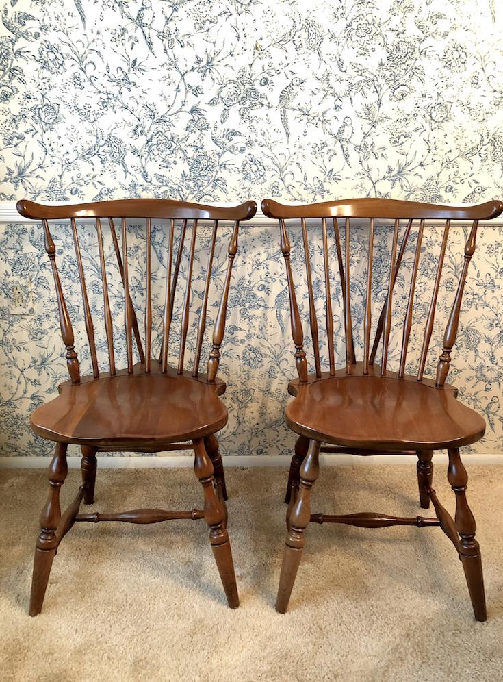 Spindle Back Windsor Dining Side Chair Set of 2: Antique Style Spindle Back Windsor Dining Side Chair Set of 2. Each Approx. 17 by 20-inches in dimension. 35-inches in height. 17 1/2-inches seating height. As-Is, As-Shown from an estate. In vintage,