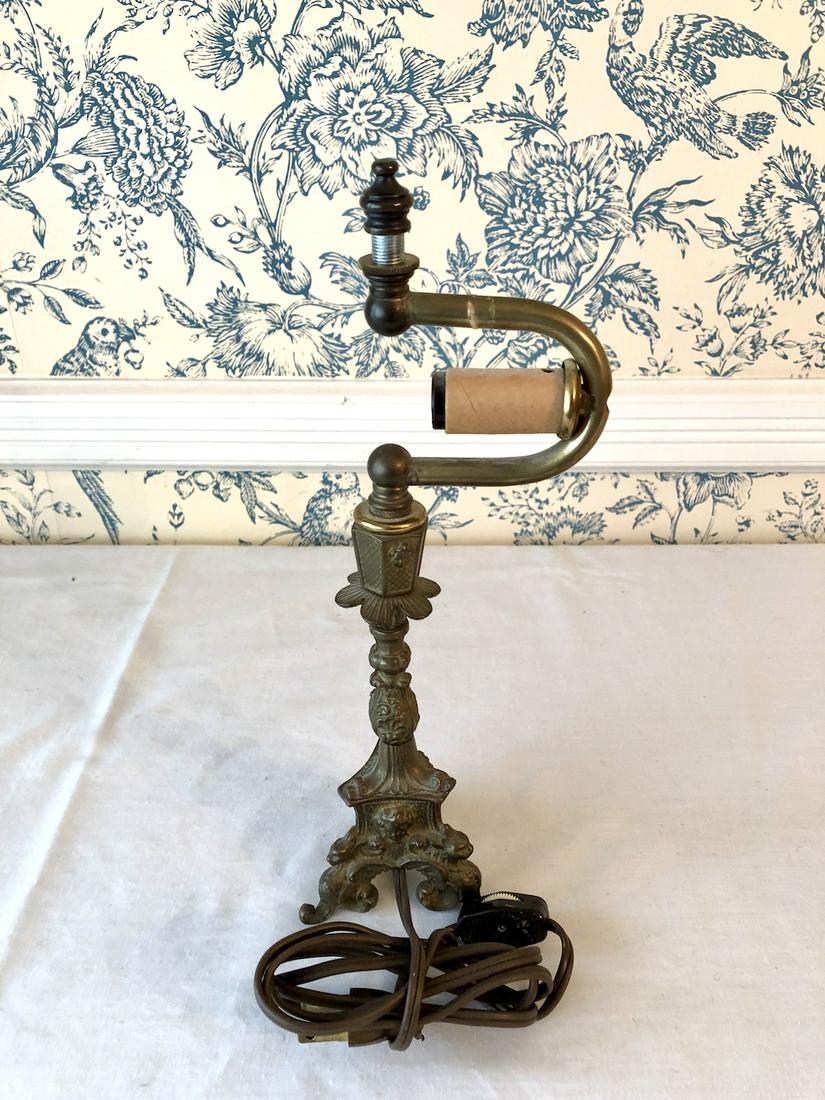 Antique Style Brass Ormalu Electric Table Lamp: Antique Style Brass Ormalu Electric Table Lamp. No shade. No blub. Untested. 11-inches High. 3-inch Diameter base. As-Is, As-Shown from an estate. In vintage, as-found estate condition with possible i