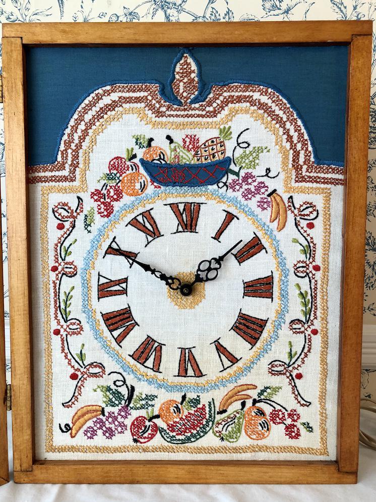 Embroidered Folk Art Needlepoint Kitsch Craft Electric: Embroidered Needlecraft Kitsch Craft Electric Wall Clock. Needlepoint face, dial mounted in a shadow box cabinet. Plug-in electric clock movment- seems to work just fine! Folk Art Craft! 12 by 16-inch
