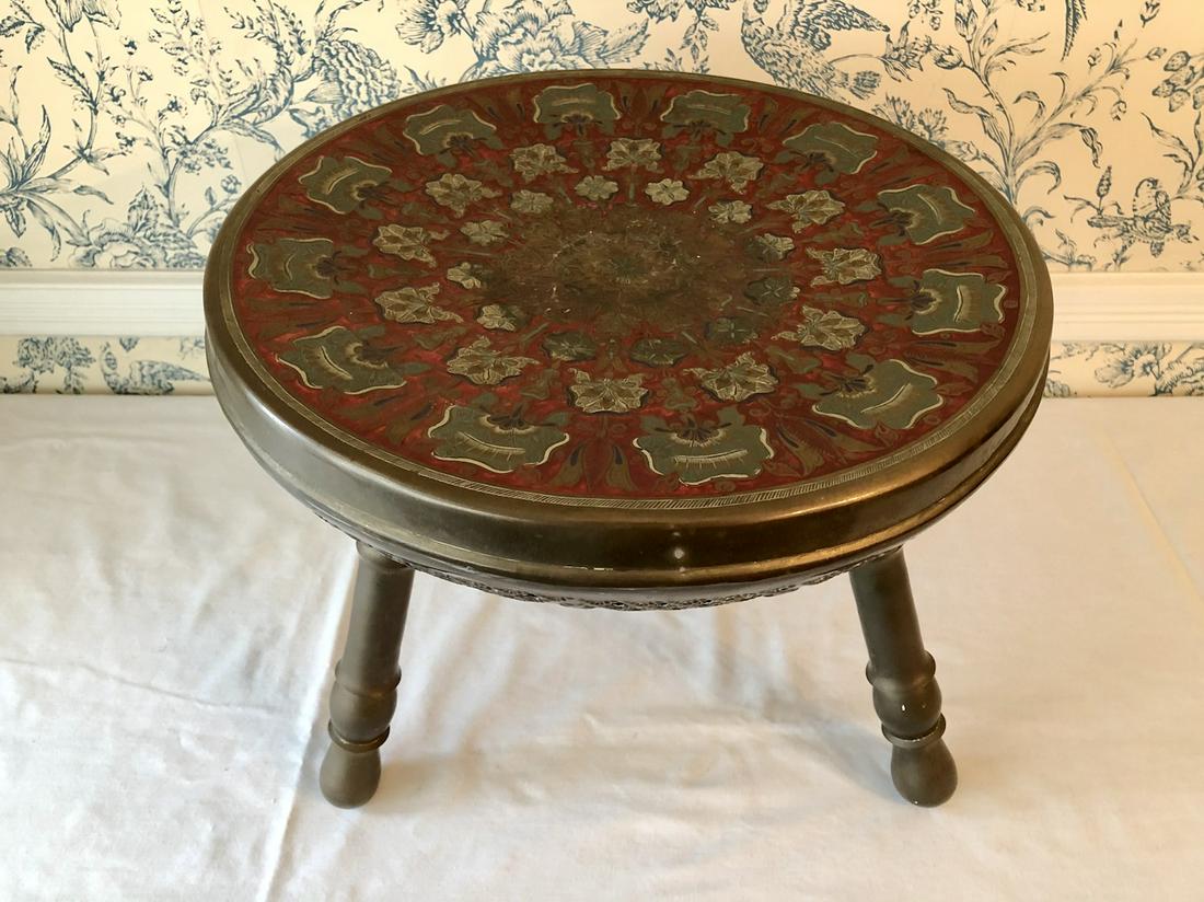 Antique Asian Indian Etched Brass Enameled Foot Stool: Antique Asian Indian Etched Brass Enameled Foot Stool Warmer. Turkish. Moroccan. 14-inches in Diameter. 12 1/4-inches High. As-Is, As-Shown from an estate. In vintage, as-found estate condition with p