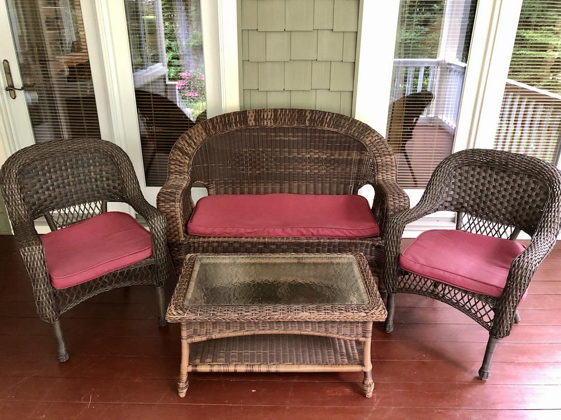 5 Piece Patio Plastic Wicker Settee Chair Table Set (1 of 5)