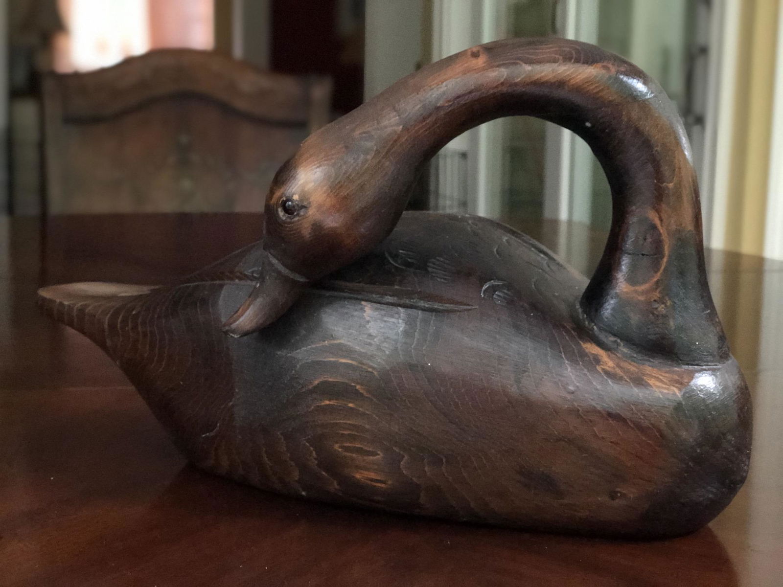 Carved Wood Decoy Preening Duck (1 of 4)