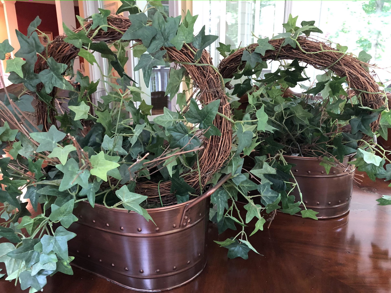 Copper Trough Faux Ivy Decoration Pair: 14 by 7 3/4 by 6-inches Trough, 18-inches Tall