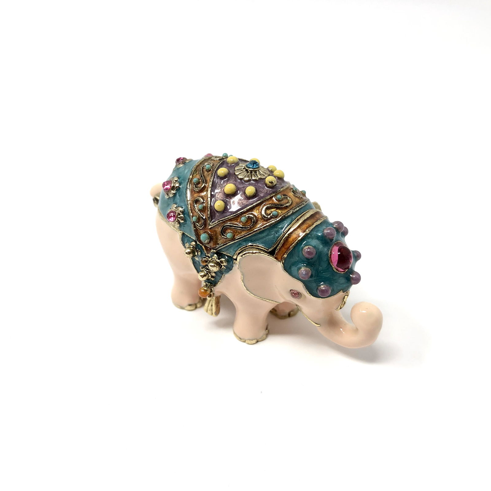 Monet Enameled Bejeweled Elephant Trinket Box: Monet Enameled Bejeweled Trinket Box. Marked Monet. Circus Elephant. Collectible Miniature. In beautiful as-is, as-shown collector condition. Please note all photographs and ask any questions you may