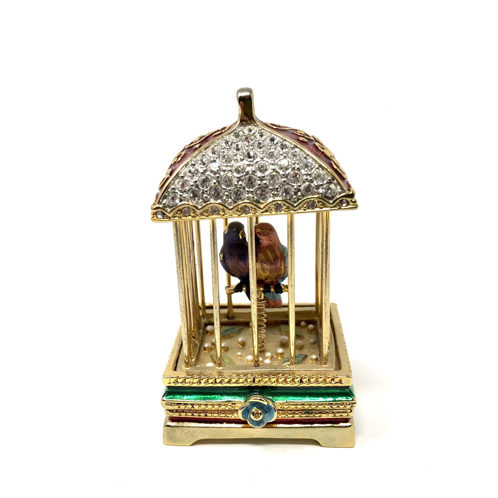 Rucinni Swarovski Crystal Bejeweled Enamel Trinket Box: Rucinni Swarovski Crystal Bejeweled Enamel Trinket Box. Gilded and Jeweled Birdcage Aviary With Birds on a Spring Collectible Miniature. Hinged Magnetic Closure. Approximately 3-inches Tall. 1 1/4 by 