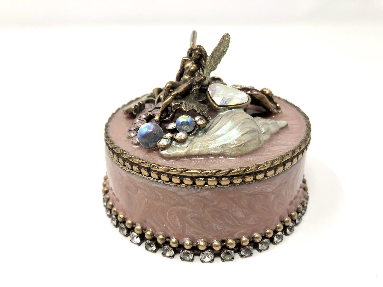 Kirks Folly Enameled Bejeweled Trinket Box: Kirks Folly Enameled Bejeweled Trinket Box. Sea Nymph, Sea Shells and More Collectible Miniature. Approximately 3-inches Tall. 2 by 3 1/4-inches in Diameter. In beautiful as-is, as-shown collector con