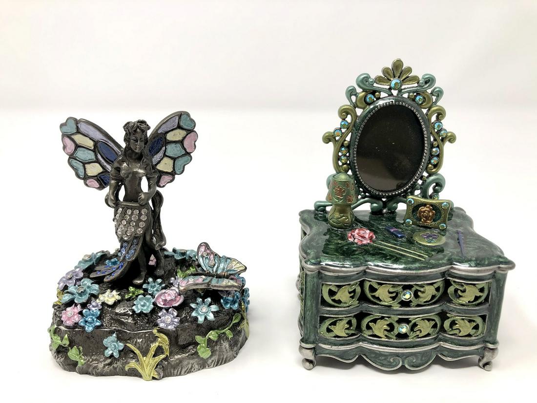 Art Nouveax Styled Bejeweled Trinket Box Lot of 2: Art Nouveax Styled Bejeweled Trinket Box Lot of 2. Vanity Dresser and Buttergly Nymph Garden. Magnetic Closures. Collectible Miniatures. Approx 2 by 2 1/2-inches in Dimension, approx 3 to 3 1/2 inches