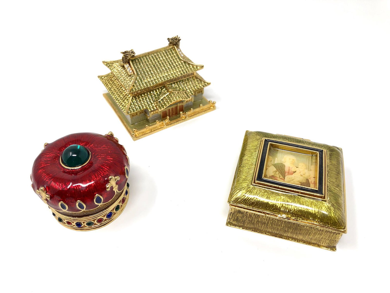 Landau Enameled and Gilded Trinket Boxes Lot of 3: Landau Enameled and Gilded Trinket Boxes Lot of 3. Marked Landau. Royal Crown, Picture Box, and Pagoda Temple, Etc. Collectible Miniatures. All In beautiful as-is, as-shown collector condition. Please