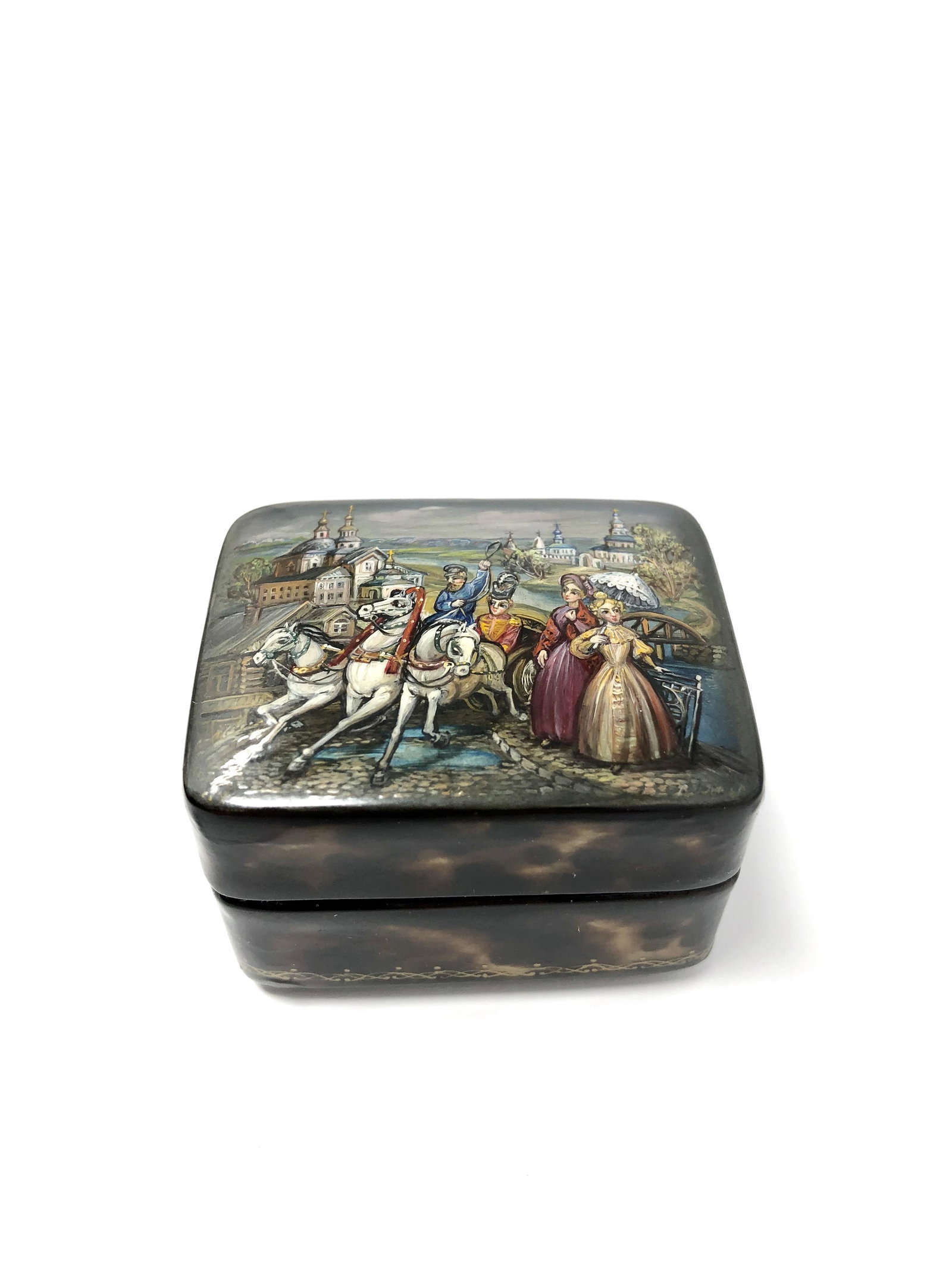 Russian Painted Lacquer Trinket Box: Russian Painted Lacquer Trinket Box. Signed/Marked. Historical, Fairy Tale, Folklore and or Legend Themes. Approximately 1 3/8-inches Tall. 1 1/2 by 1 7/8-inches Long. In beautiful as-is, as-shown col