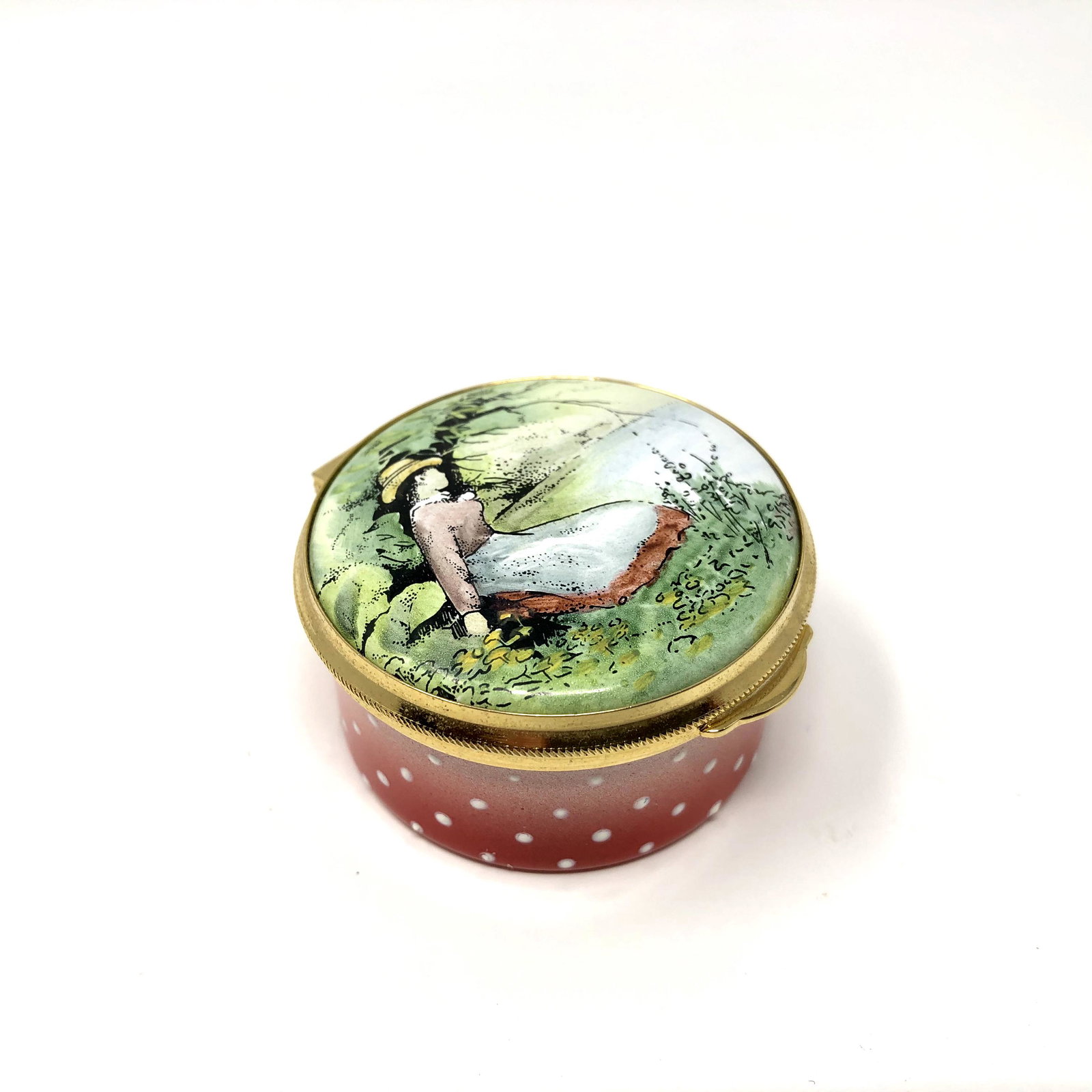 Staffordshire Enamels Bilston English Trinket Box: Staffordshire Enamels Bilston English Trinket Box. Painted, signed and or marked. Approx. 1-inches Tall by 1 3/4-inches In Diameter. In beautiful as-is, as-shown collector condition. Please note all p