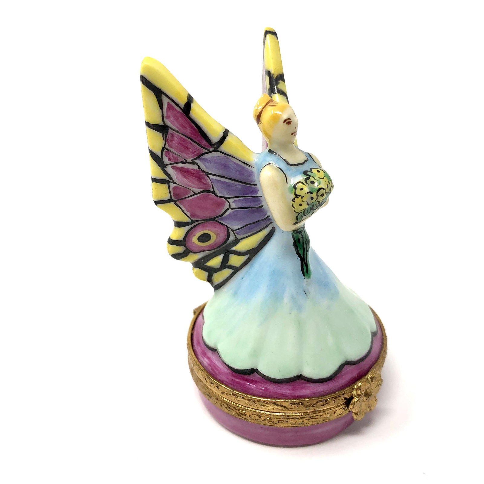 Artoria Butterfly Winged Figural Princess Trinket Box: Artoria Butterfly Winged Figural Princess Peint Main Limoges France Porcelain Trinket Box. Hand painted, signed and or marked. Approx. 2 1/2-inches Tall by 1 1/4-inches In Diameter at the Base. In bea