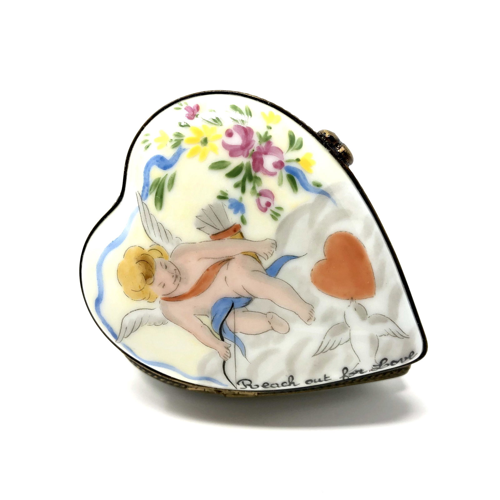 Cupid Reach Out For Love Heart Shaped Trinket Box: Cupid Reach Out For Love Heart Shaped Peint Main Limoges France Porcelain Trinket Box. Hand painted, signed and or marked. Approx. 1-inches Tall by 2/14 by 2 3/4 -inches In Dimension. In beautiful as-