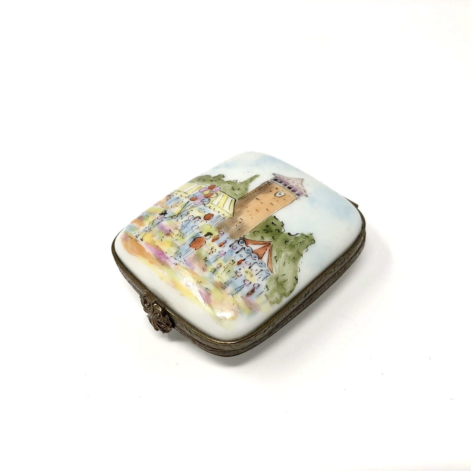Park Carnival Fair Themed Trinket Box: Park Carnival Fair Themed Peint Main Limoges France Porcelain Trinket Box. Hand painted, signed and or marked. Approx. 1-inches Tall by 1 3/4 by 2-inches In Dimension. In beautiful as-is, as-shown col