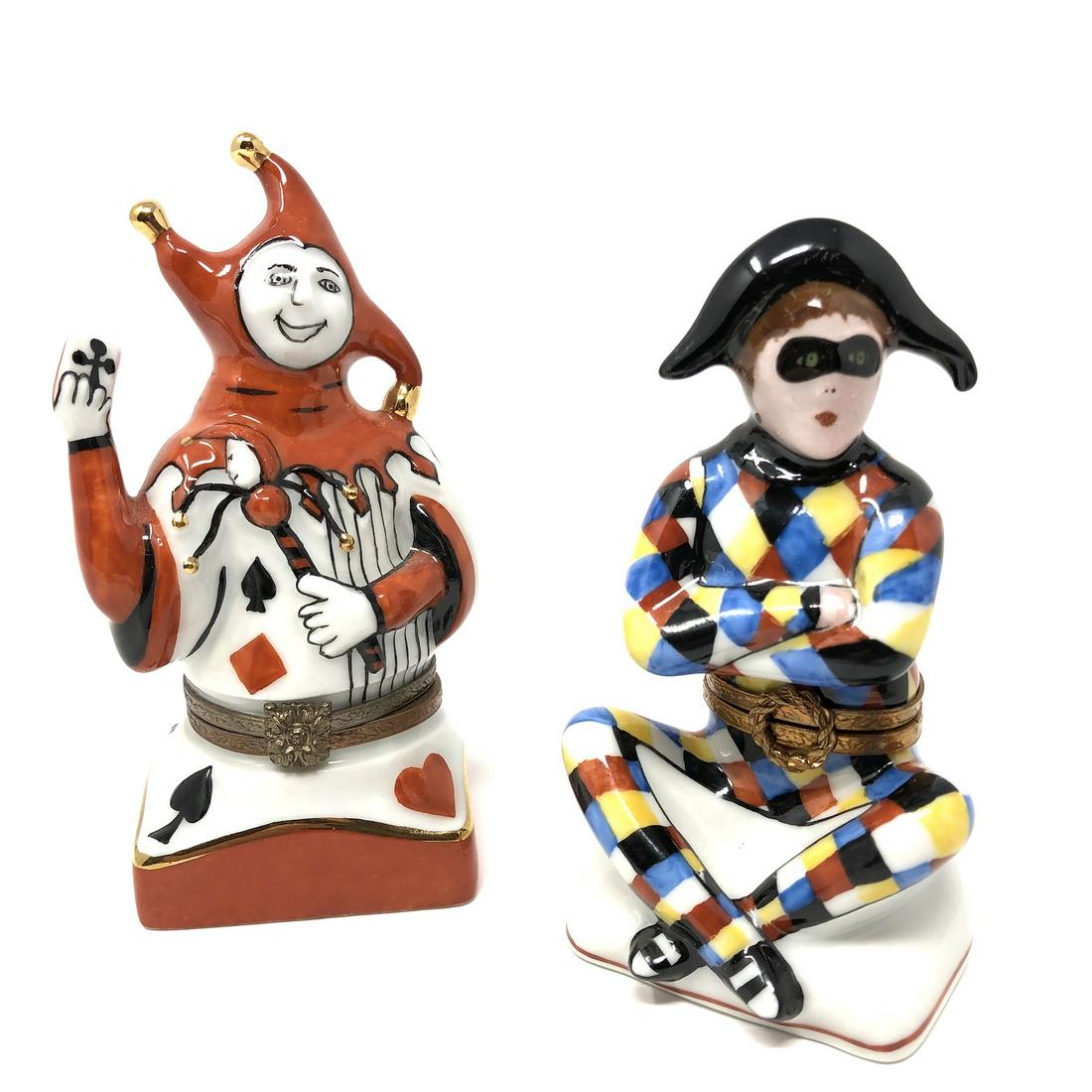 Harlequin and Joker Peint Main Trinket Box Pair of Two: Harlequin and Joker Peint Main Limoges France Porcelain Trinket Box Pair of Two. Hand painted, signed and or marked. Approx. 3 1/2 -inches Tall by 1 1/2 by 2-inches In Dimension at the Base. In beauti