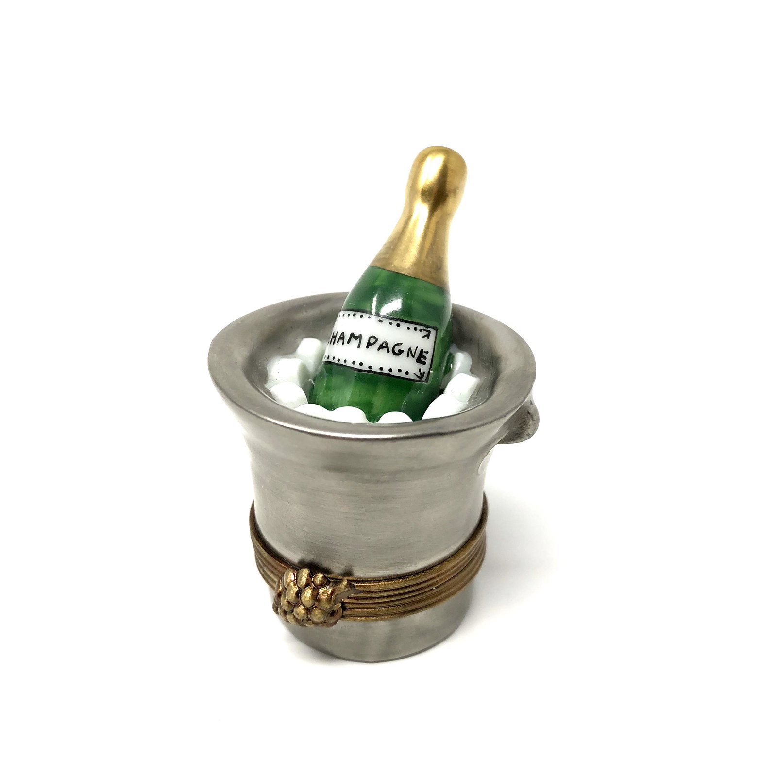 Champagne Bottle Ice Bucket Parry Vielle Porcelain: Champagne Bottle Ice Bucket Parry Vielle Peint Main Limoges France Porcelain Trinket Box. Hand painted, signed and or marked. Approx. 2 1/8 -inches Tall by 1 1/2 -inches In Diameter. In beautiful as-i
