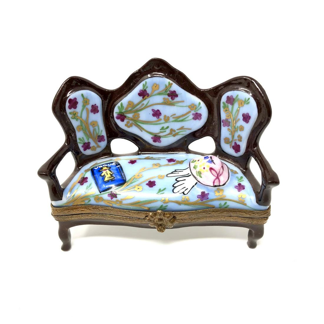 Vogue Hat Gloves Victorian Sofa Porcelain Trinket Box: Vogue Hat Gloves Victorian Sofa Peint Main Limoges France Porcelain Trinket Box. Hand painted, signed and or marked. Approx. 2-inches Tall by 1 by 3-inches In Dimension. In beautiful as-is, as-shown c